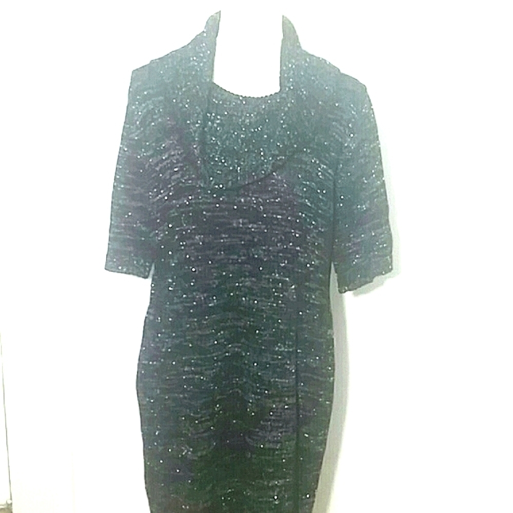 Dress Sweater knit Stretch midi elbow short sleeve black silver